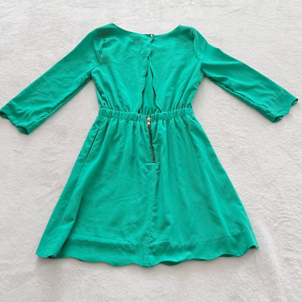 GB Green Fit Flare Dress Long Sleeve Pleated Waist Open Back Size Small - Picture 7 of 9